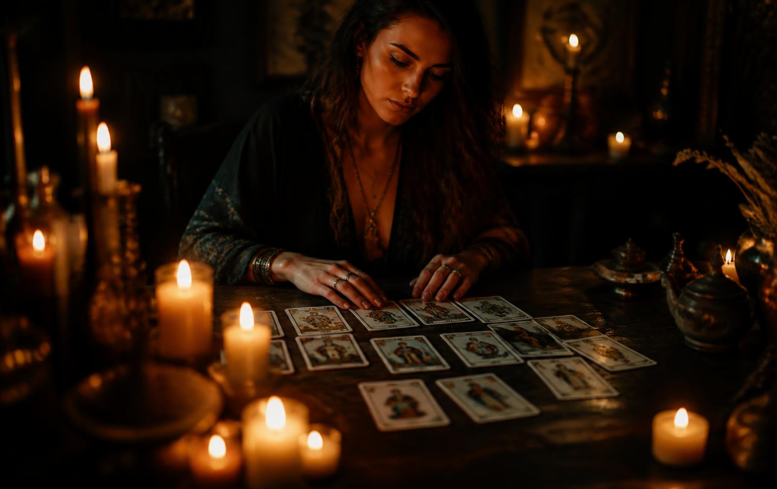 Table de tarot éclairée à la bougie